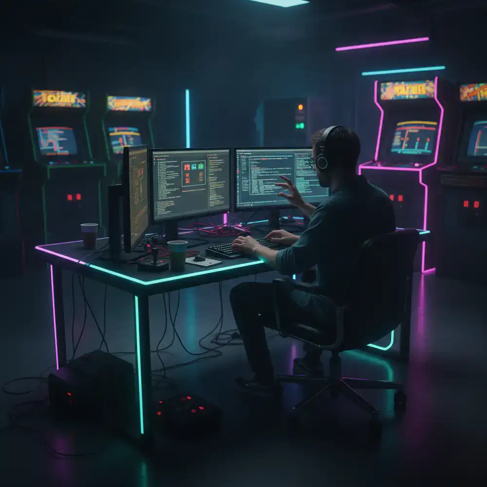Developers working on retro arcade game code