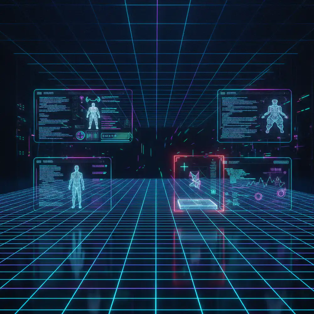 Neon grid and debugging tools representing the game testing phase