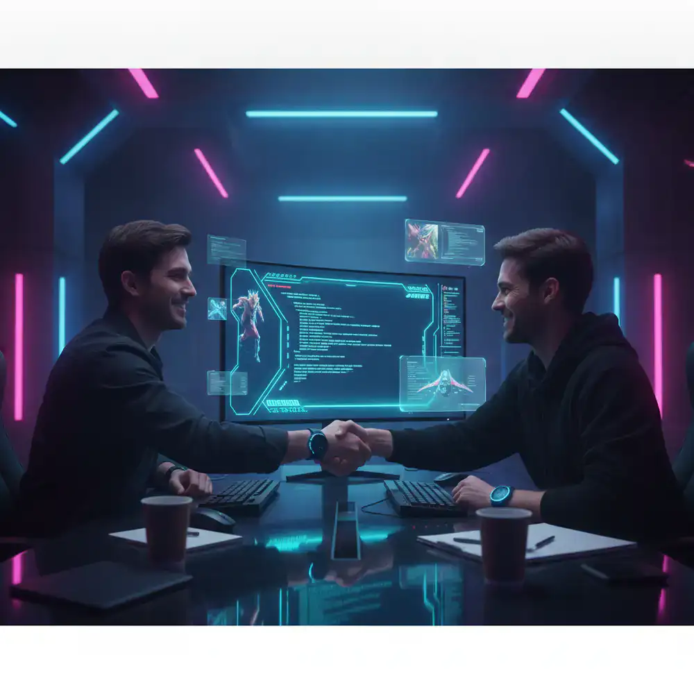 Two game developers reviewing code and shaking hands