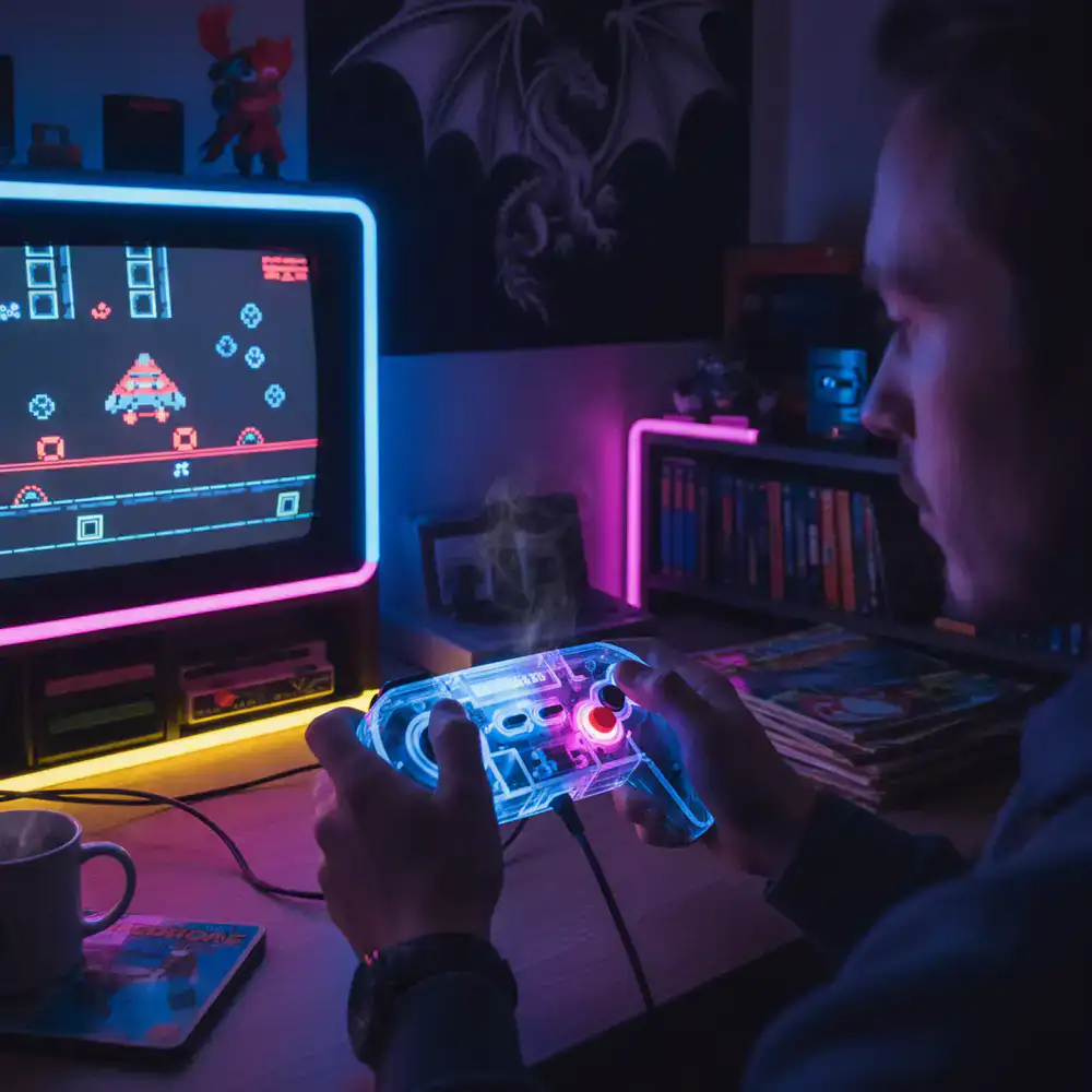 Player holding a glowing controller testing a retro game