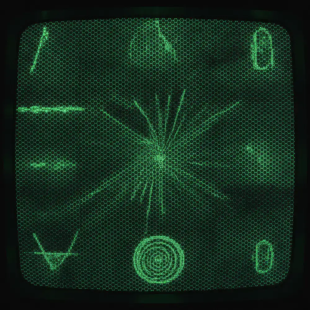 Neon green visual elements on a dark CRT pixel grid